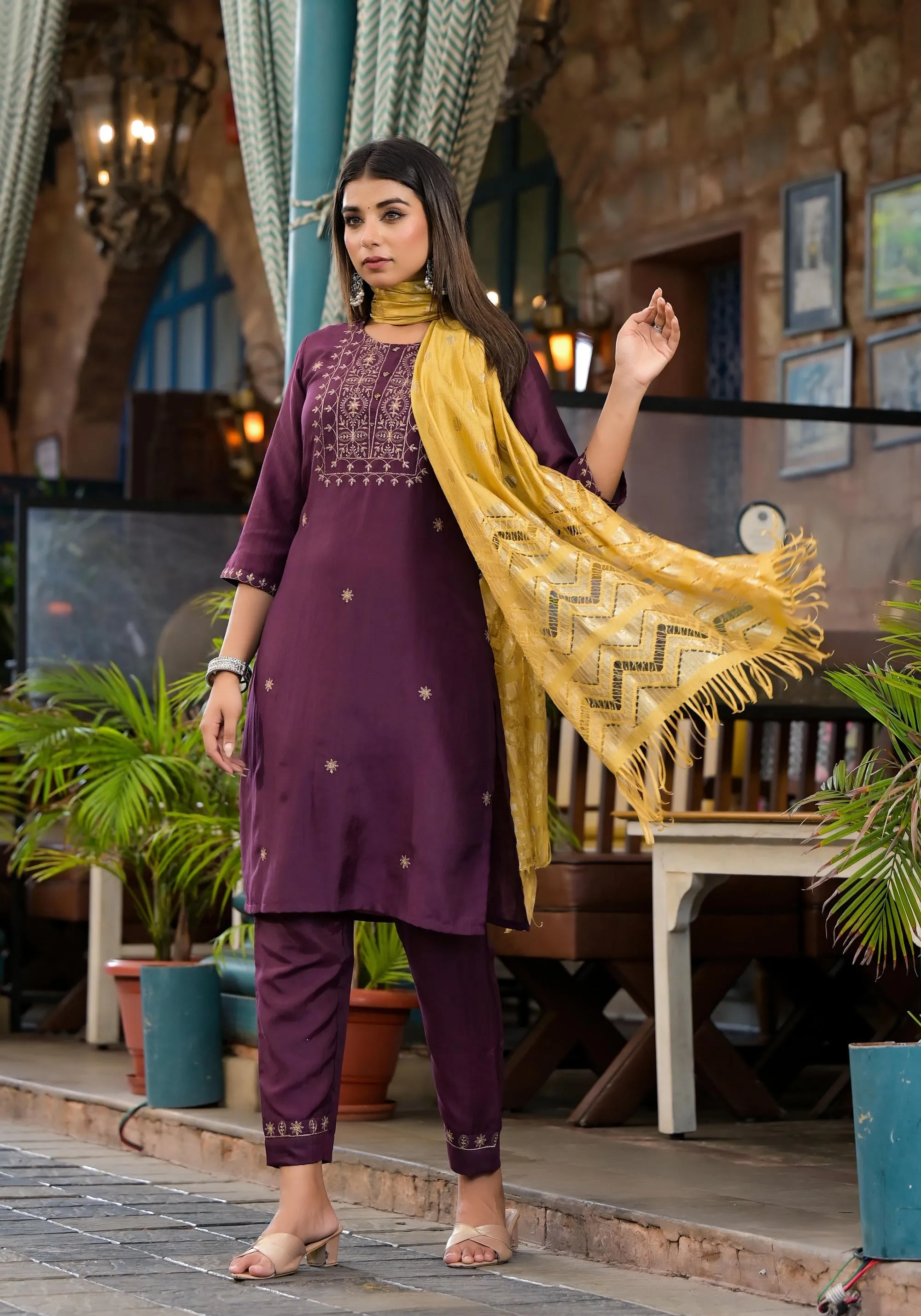 Burgundy Zari Embroidered Chinon Kurta Pant And Dupatta Set With Zari Work & Beads