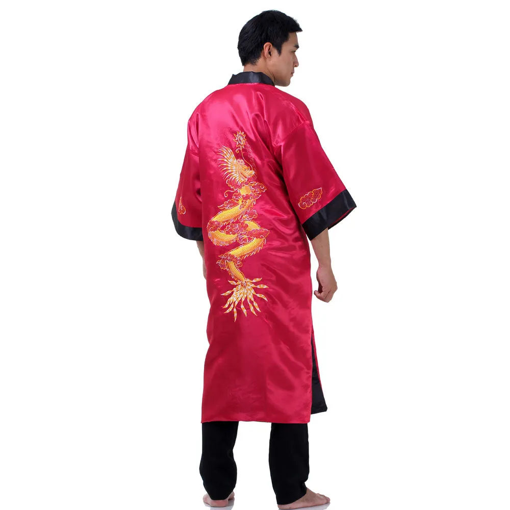 Burgundy Zhulong Reversible Dragon Kimono Robe for Men