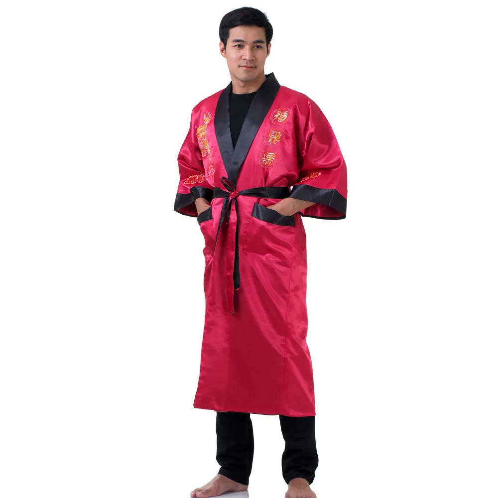 Burgundy Zhulong Reversible Dragon Kimono Robe for Men