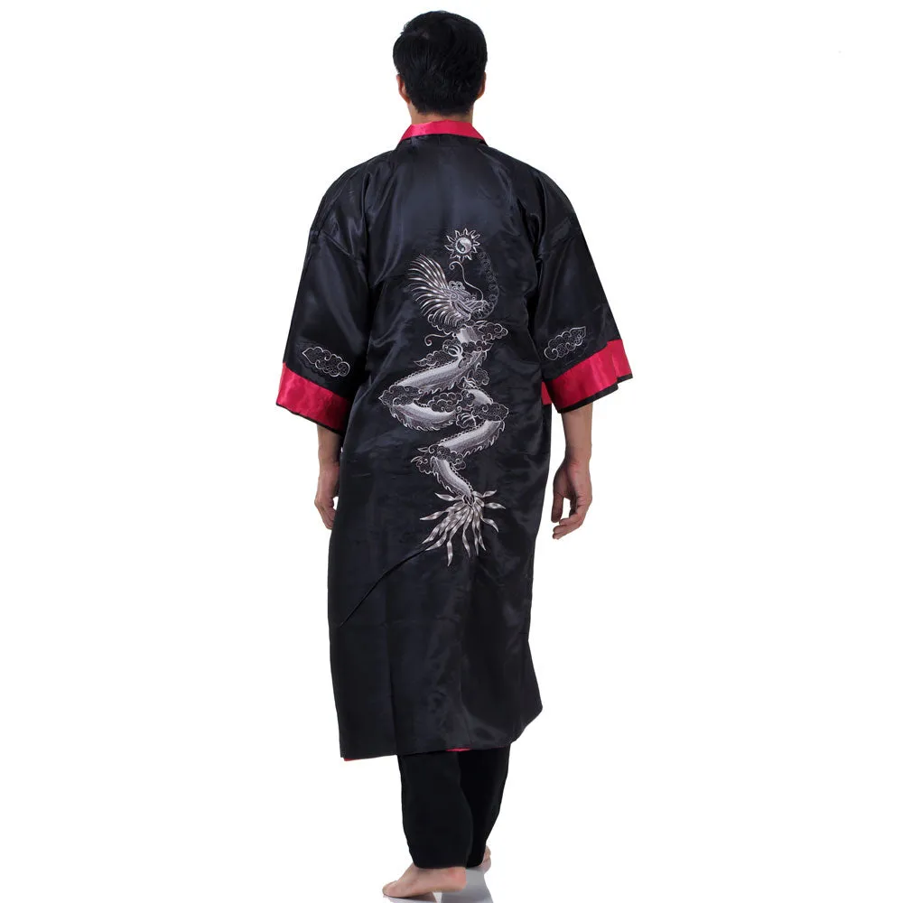 Burgundy Zhulong Reversible Dragon Kimono Robe for Men