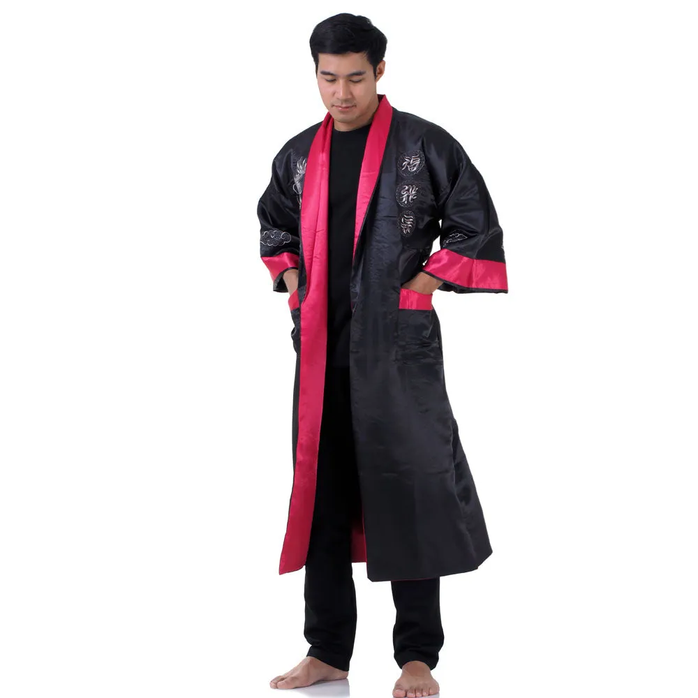 Burgundy Zhulong Reversible Dragon Kimono Robe for Men