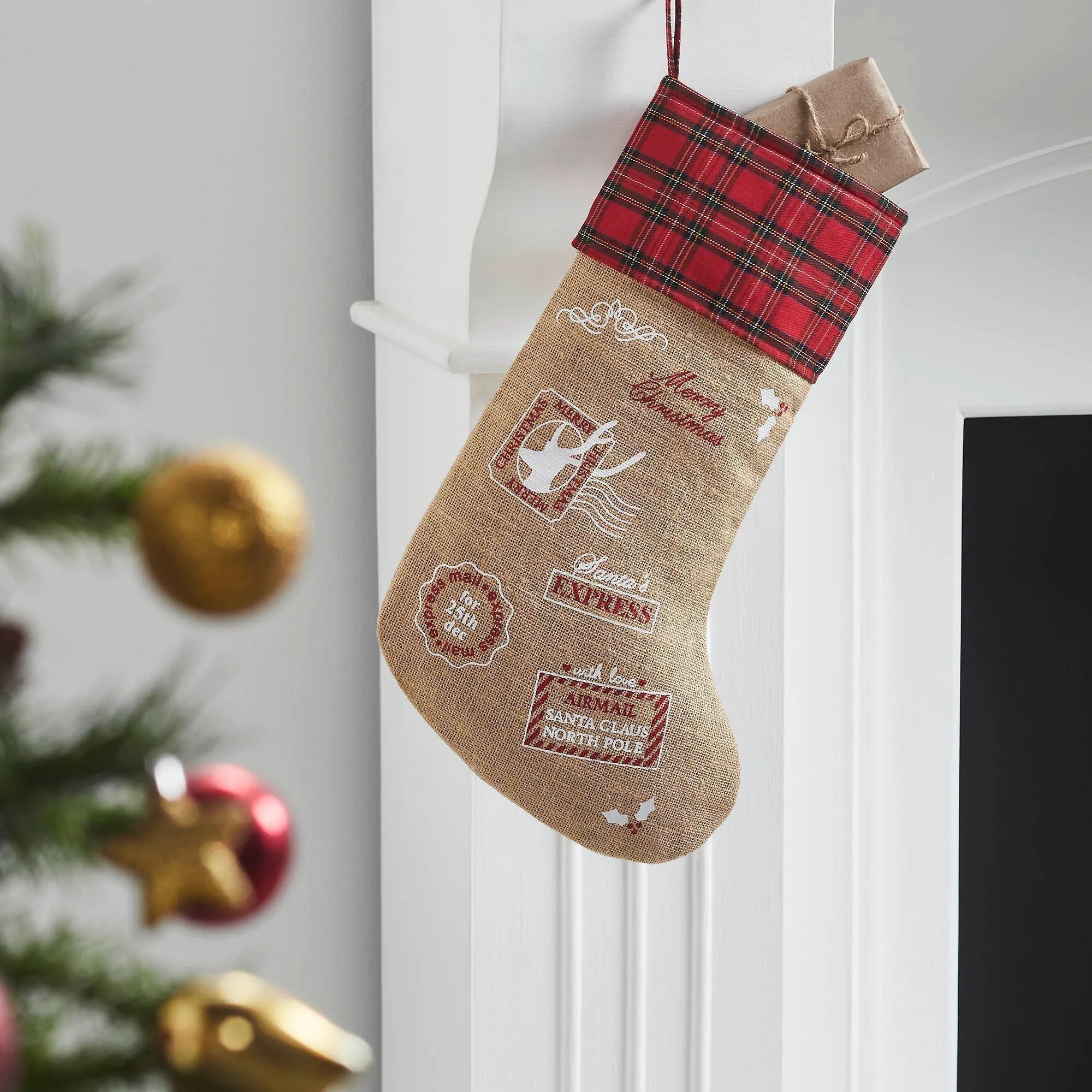 Burlap Natural Plaid Airmail Stocking