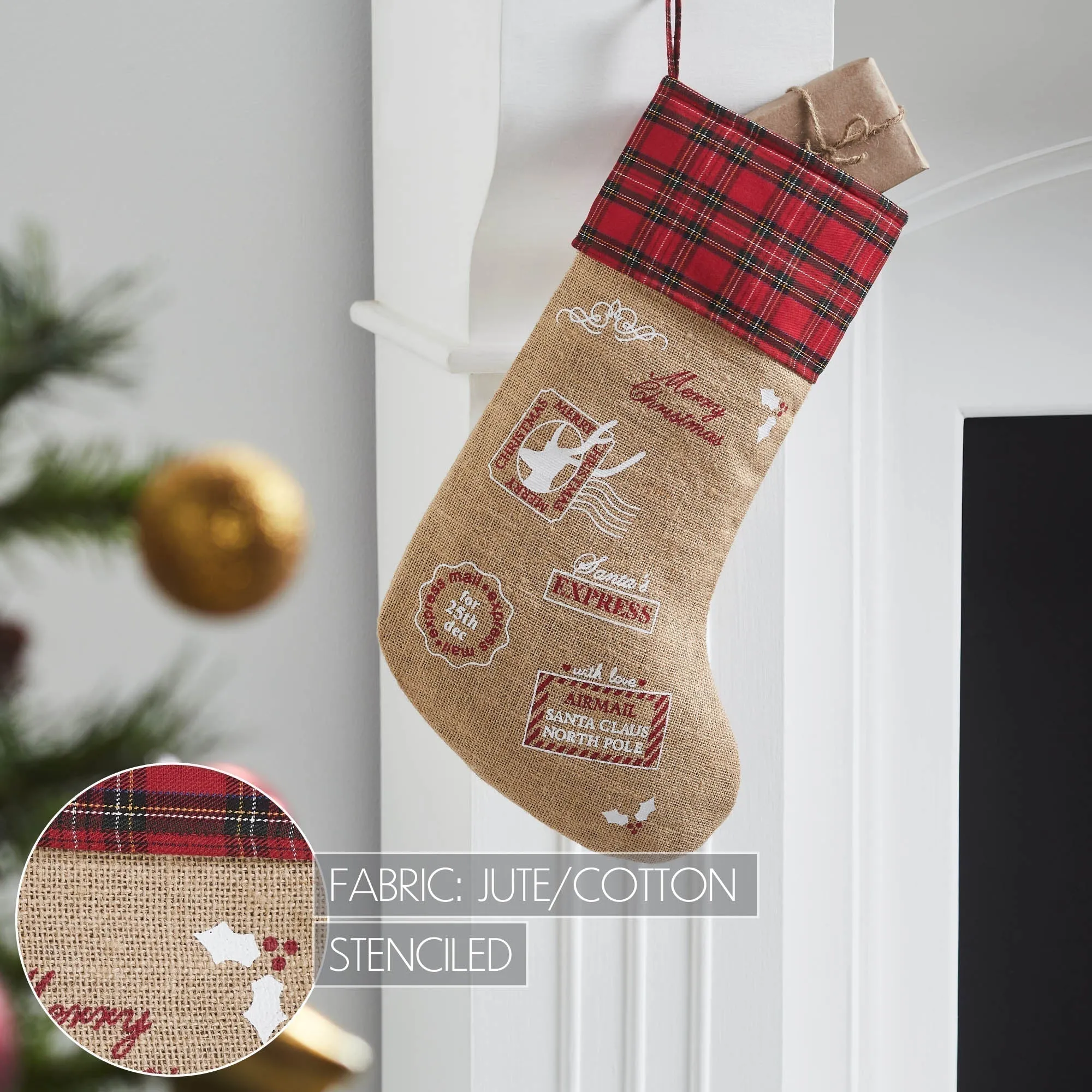 Burlap Natural Plaid Airmail Stocking