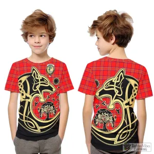 Burnett Modern Tartan Kid T-Shirt with Family Crest Celtic Wolf Style