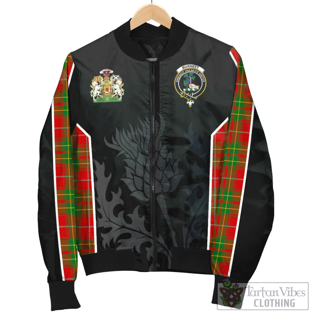 Burnett Tartan Bomber Jacket with Family Crest and Scottish Thistle Vibes Sport Style