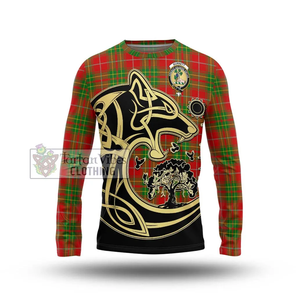 Burnett Tartan Long Sleeve T-Shirt with Family Crest Celtic Wolf Style