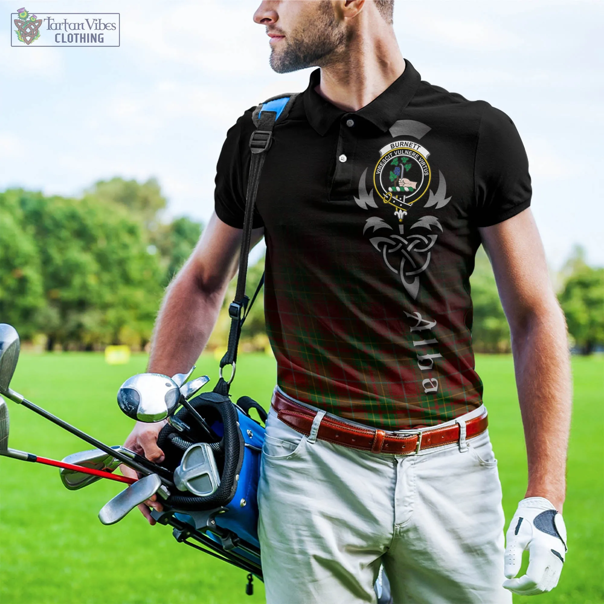 Burnett Tartan Polo Shirt Featuring Alba Gu Brath Family Crest Celtic Inspired