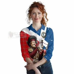 Burnett Tartan Women's Casual Shirt with Family Crest Scottish Bagpiper Vibes