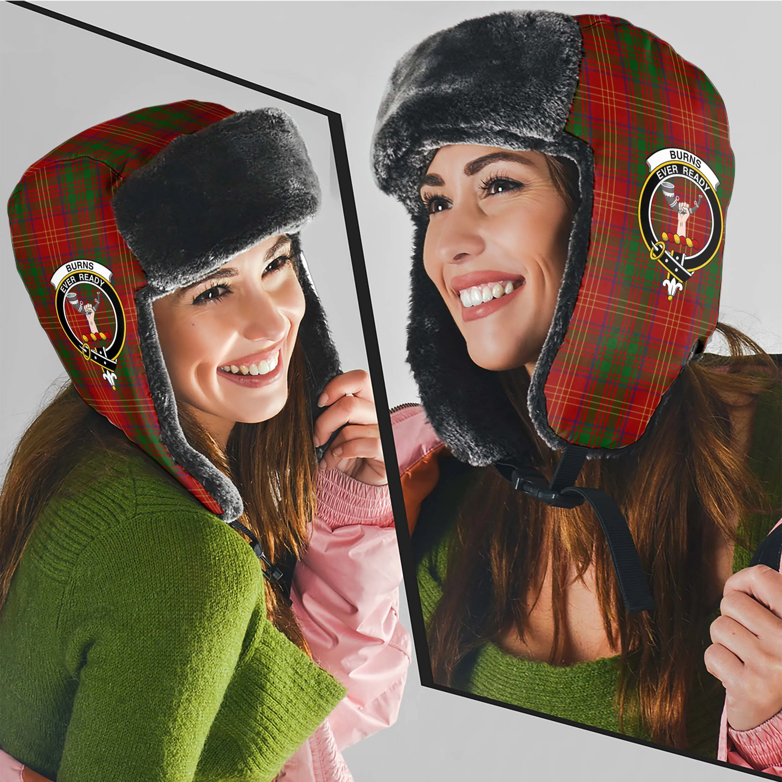 Burns Tartan Winter Trapper Hat with Family Crest