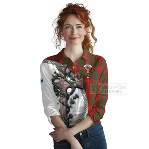 Burns Tartan Women's Casual Shirt with Family Crest and St. Andrew's Cross Accented by Thistle Vines