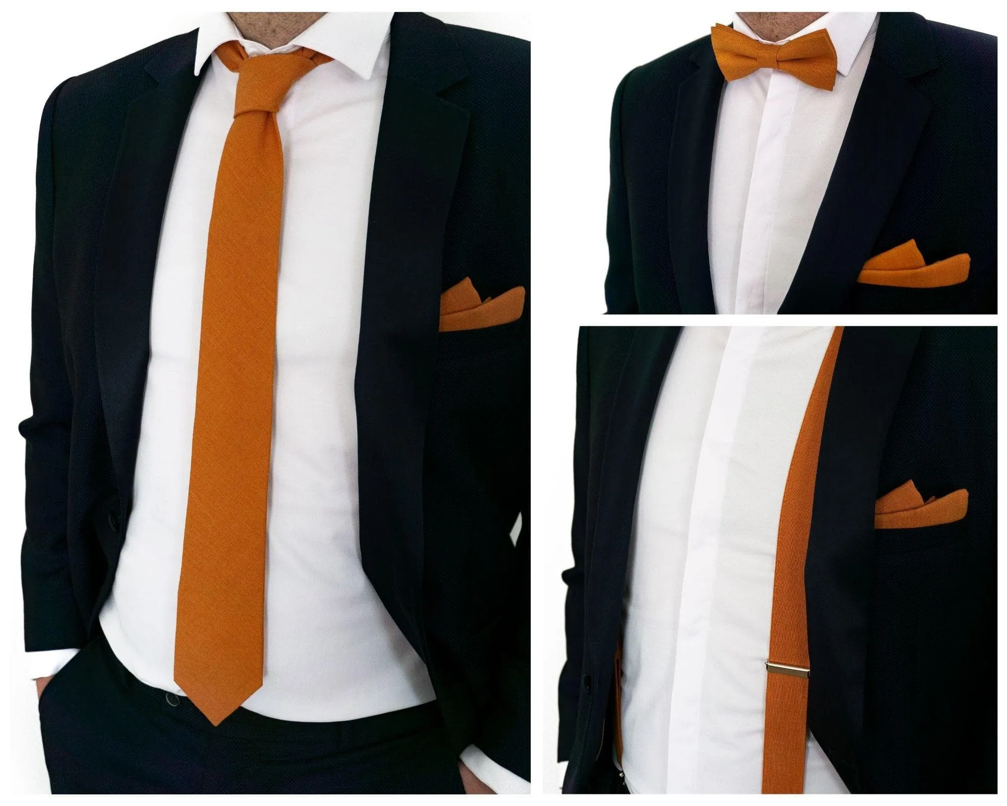 Burnt Orange Linen Bowtie, Tie and Pocket Square Set for Groomsmen