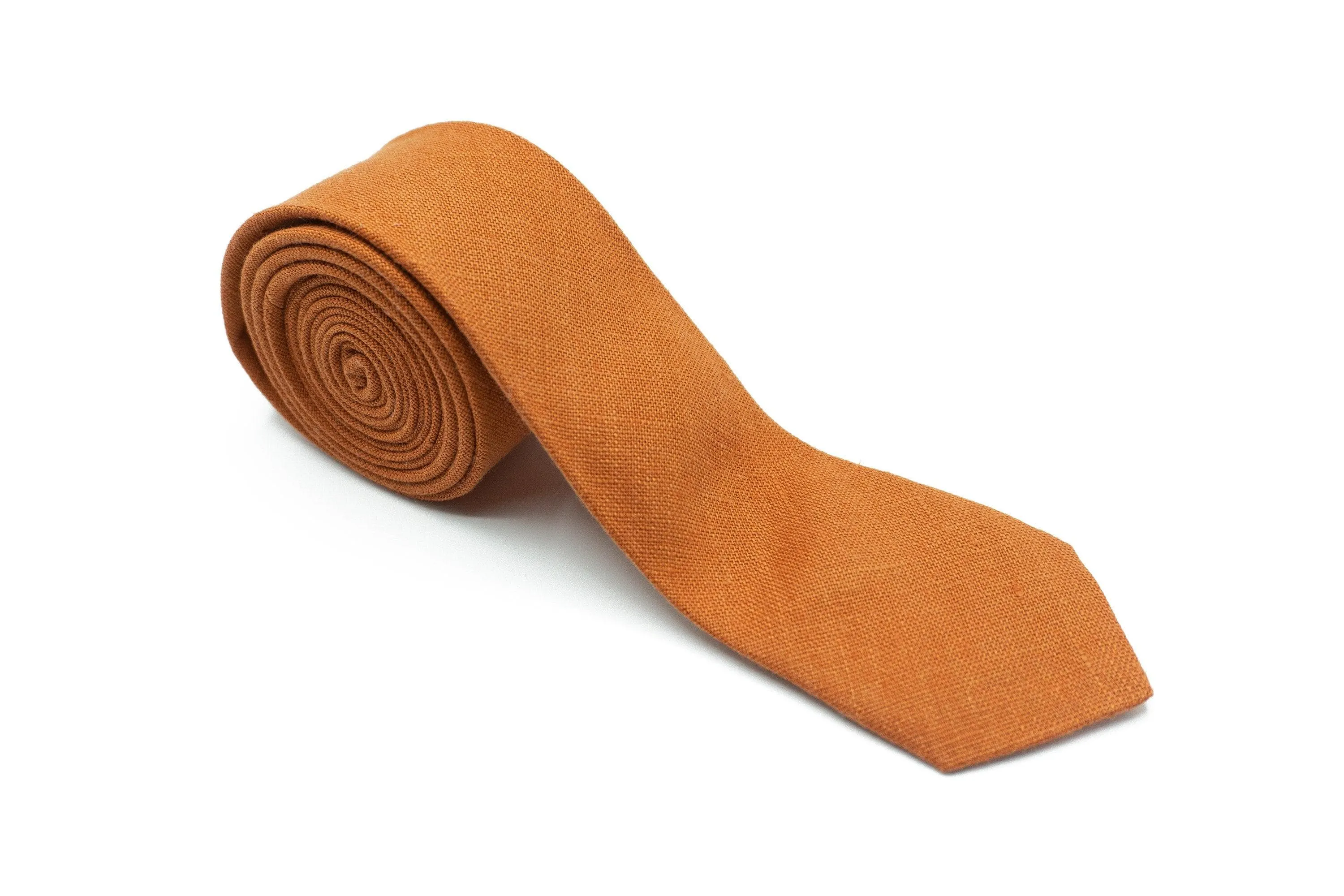 Burnt Orange Linen Bowtie, Tie and Pocket Square Set for Groomsmen