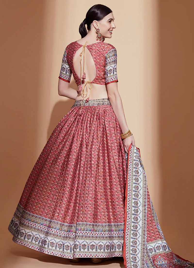 Burnt Red Crochet Embellished Digital Printed Lehenga Choli