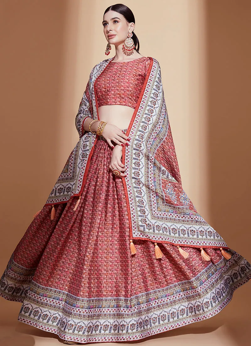 Burnt Red Crochet Embellished Digital Printed Lehenga Choli