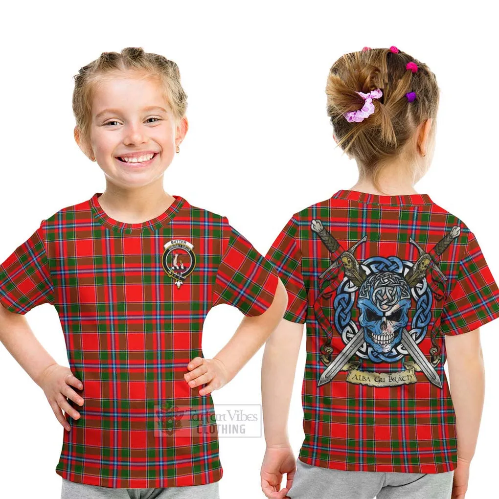 Butter Tartan Kid T-Shirt with Family Crest Celtic Skull Style