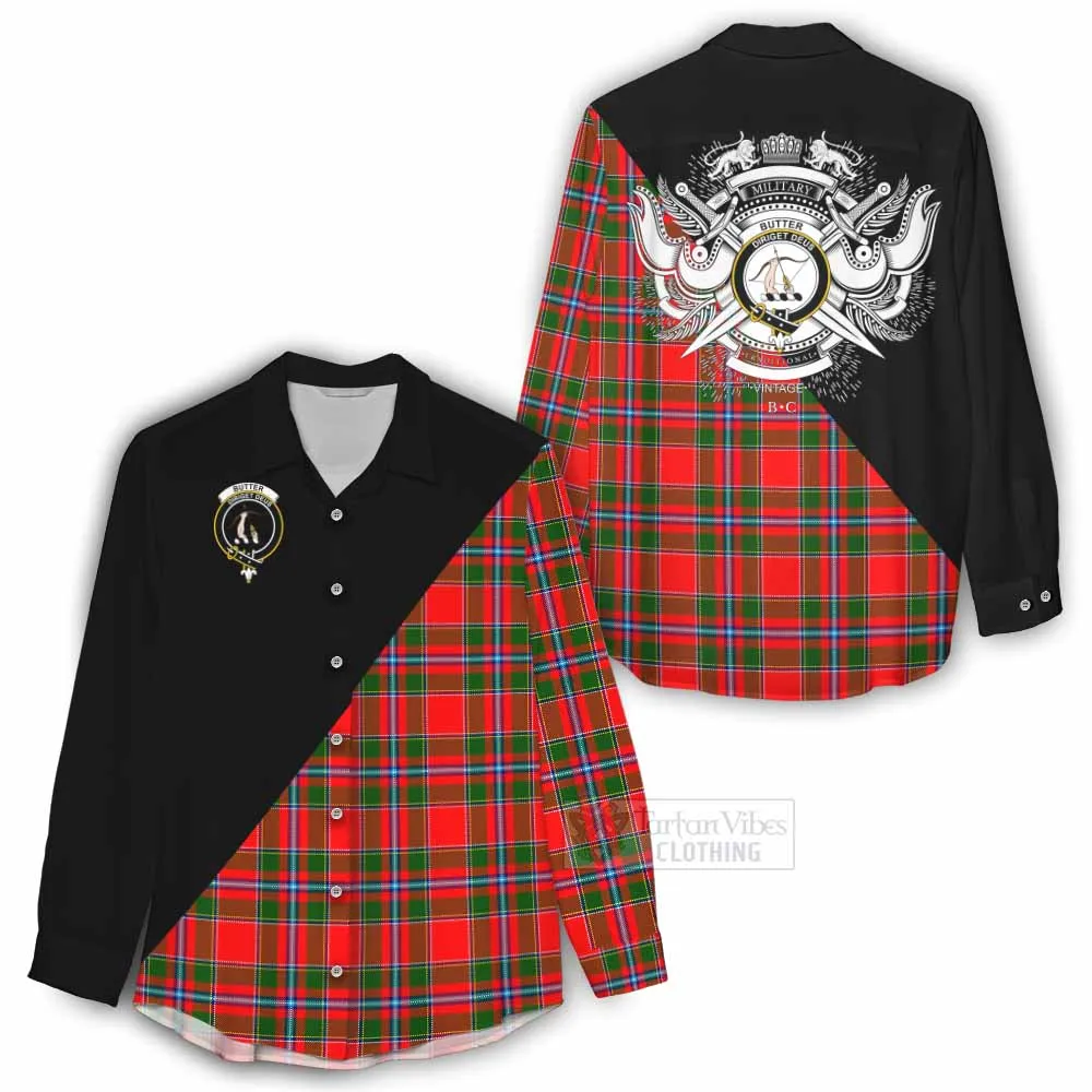 Butter Tartan Women's Casual Shirt with Family Crest and Military Logo Style