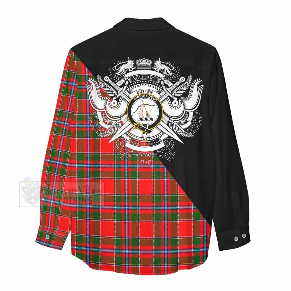 Butter Tartan Women's Casual Shirt with Family Crest and Military Logo Style