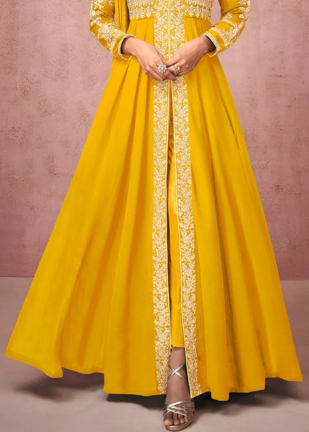 Butter Yellow Designer Georgette Anarkali Suit with Embroidered work