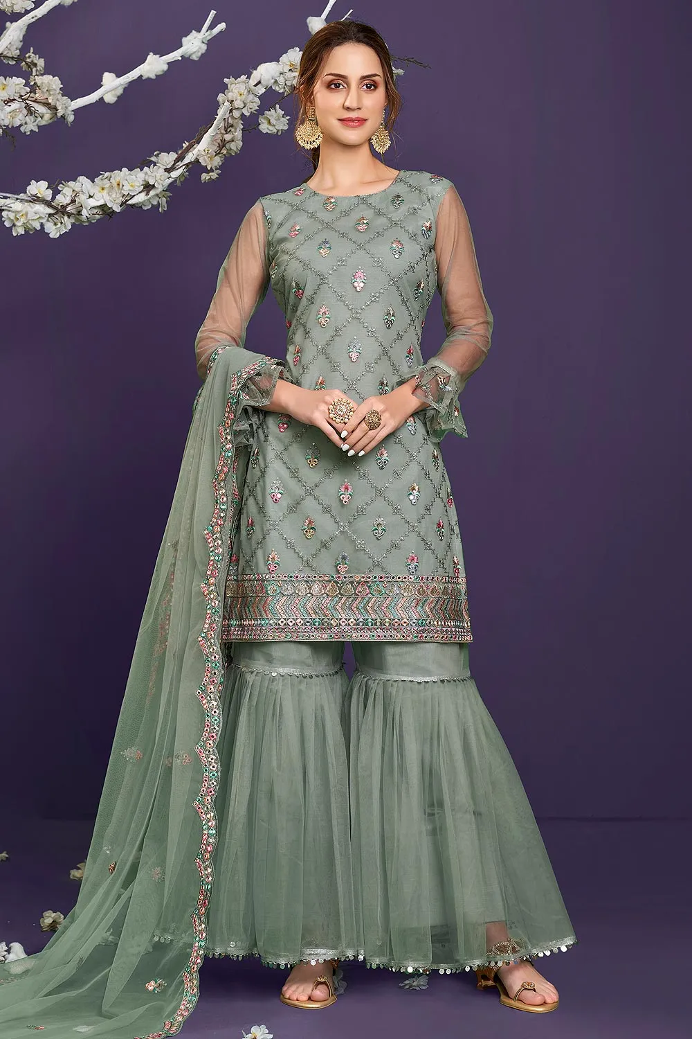 Butterfly Net Sage Green Premium Embroidered Gharara Suit