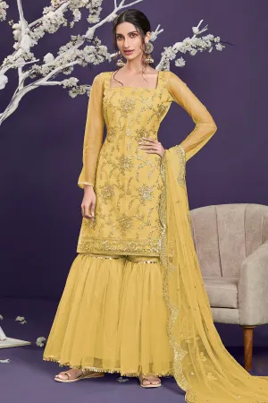 Butterfly Net Yellow Premium Embroidered Gharara Suit