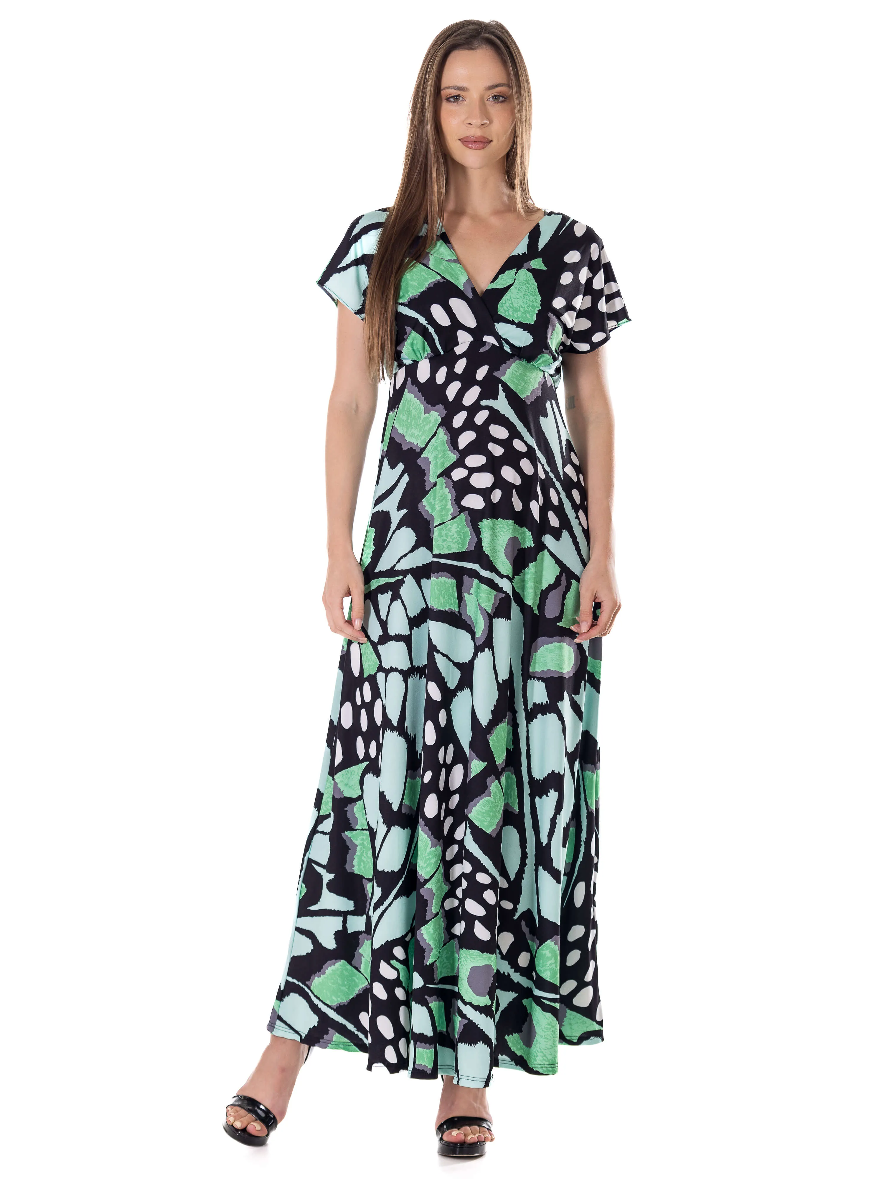 Butterfly Print V Neck Empire Waist Kimono Cap Sleeve Maxi Dress