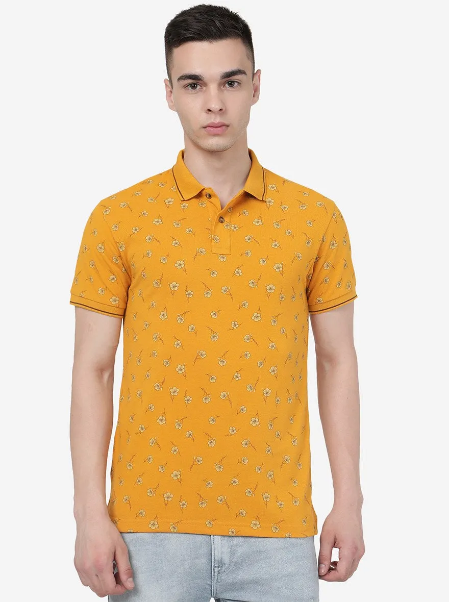 Butterscotch Yellow Printed Slim Fit Polo T-Shirt | Greenfibre