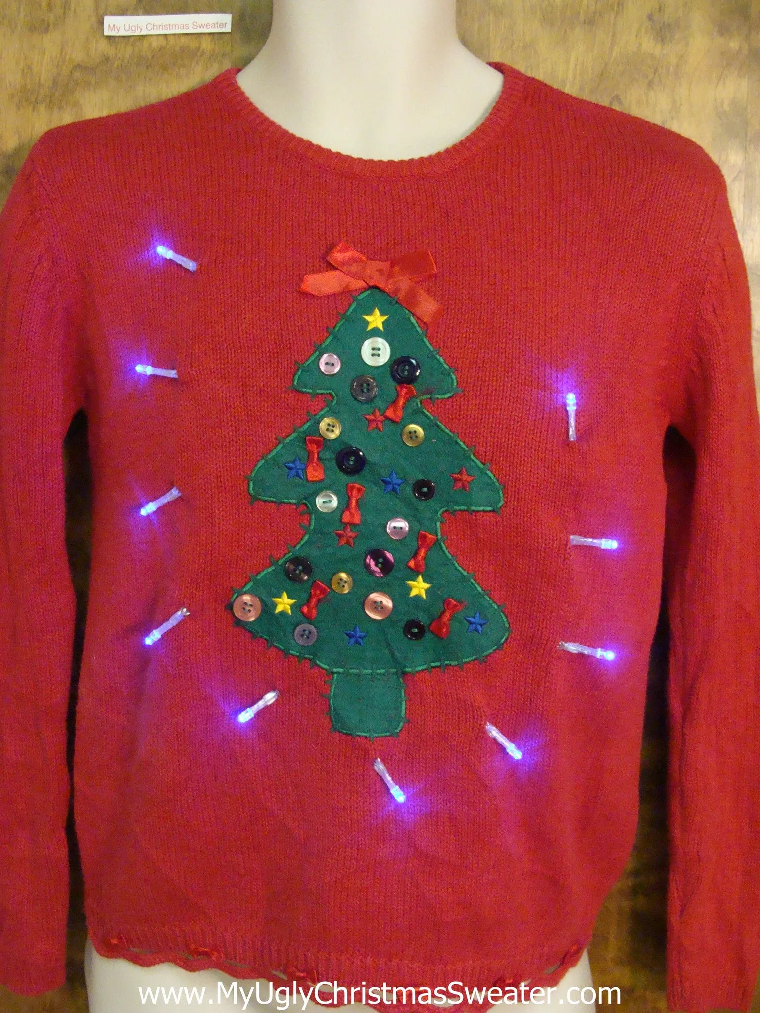 Button Decorated Tree Light Up Ugly Xmas Sweater