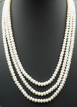 Button Freshwater Pearl Triple Strand Necklace Sterling Silver Clasp