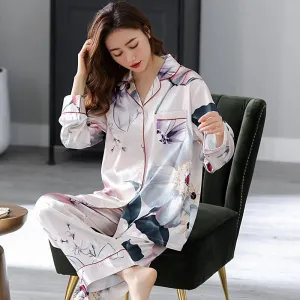 Button Front Flower Pocket Print Comfortable Silk Pj Set