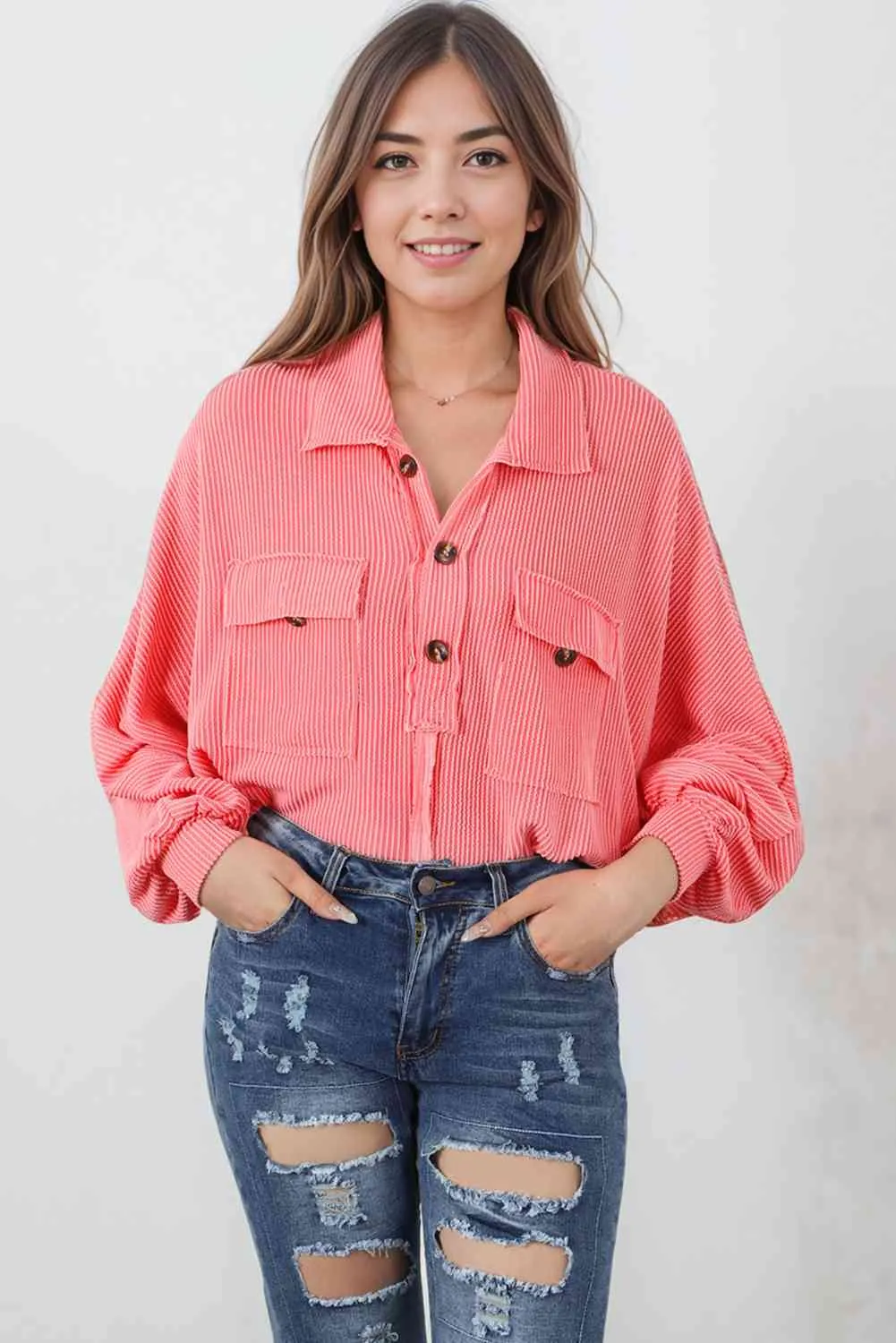 Buttoned Collared Neck Long Sleeve Top