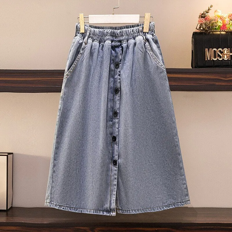 Buttoned Denim Knee Length Skirts