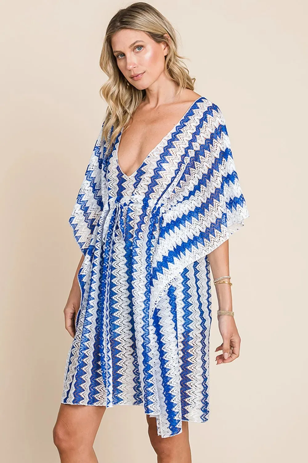 by Nu Lab Tied Striped Plunge Half Sleeve Cover-Up