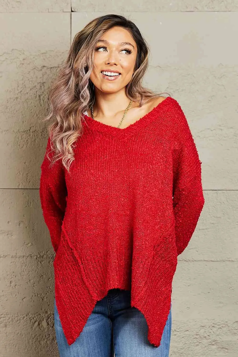 By The Fire Full Size Draped Detail Knit Sweater