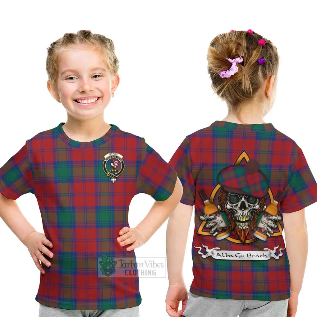 Byres (Byses) Tartan Kid T-Shirt with Family Crest and Bearded Skull Holding Bottles of Whiskey