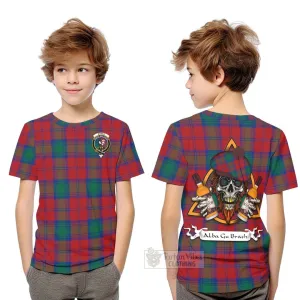 Byres (Byses) Tartan Kid T-Shirt with Family Crest and Bearded Skull Holding Bottles of Whiskey