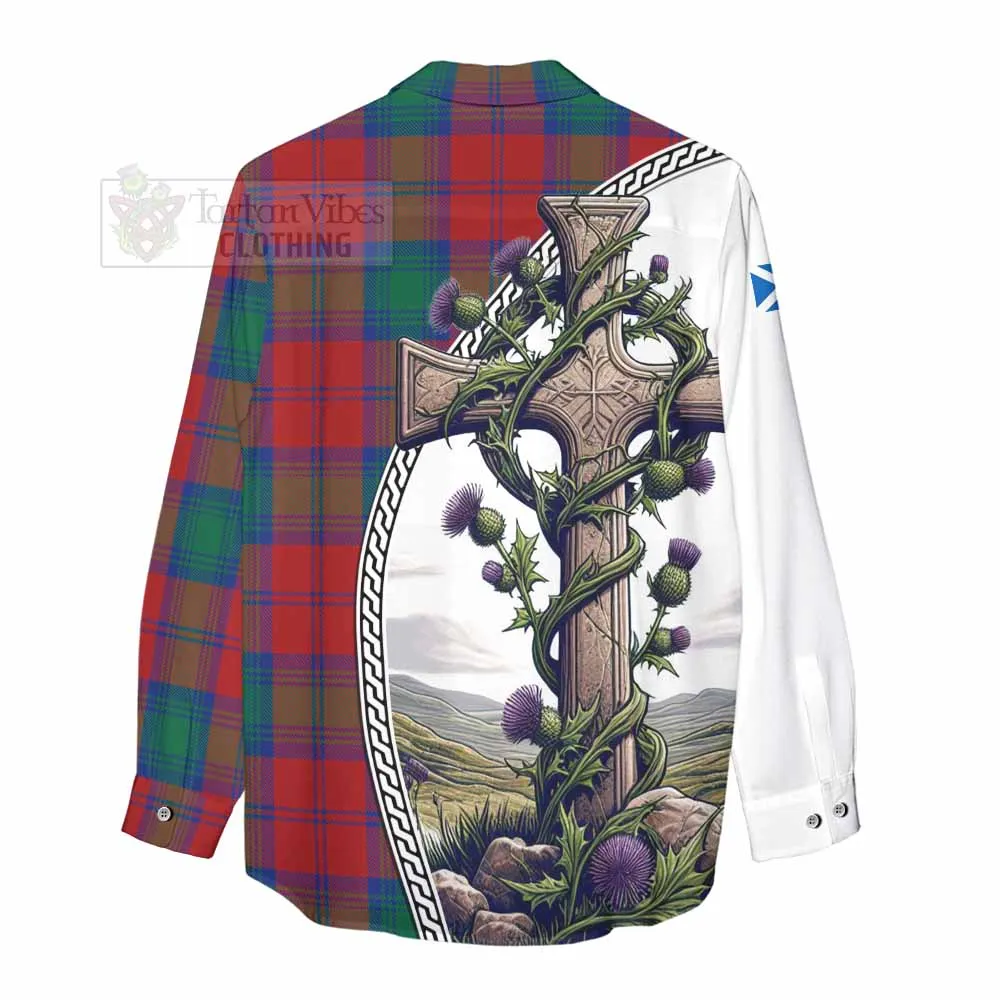 Byres (Byses) Tartan Women's Casual Shirt with Family Crest and St. Andrew's Cross Accented by Thistle Vines