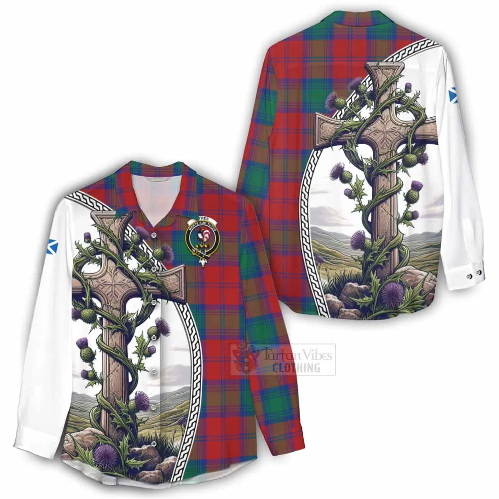 Byres (Byses) Tartan Women's Casual Shirt with Family Crest and St. Andrew's Cross Accented by Thistle Vines