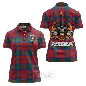 Byres (Byses) Tartan Women's Polo Shirt with Family Crest and Bearded Skull Holding Bottles of Whiskey