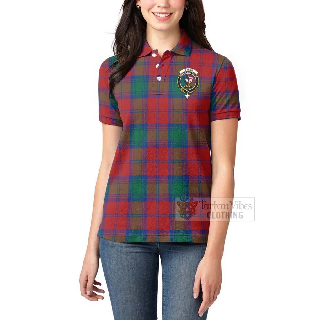 Byres (Byses) Tartan Women's Polo Shirt with Family Crest and Bearded Skull Holding Bottles of Whiskey