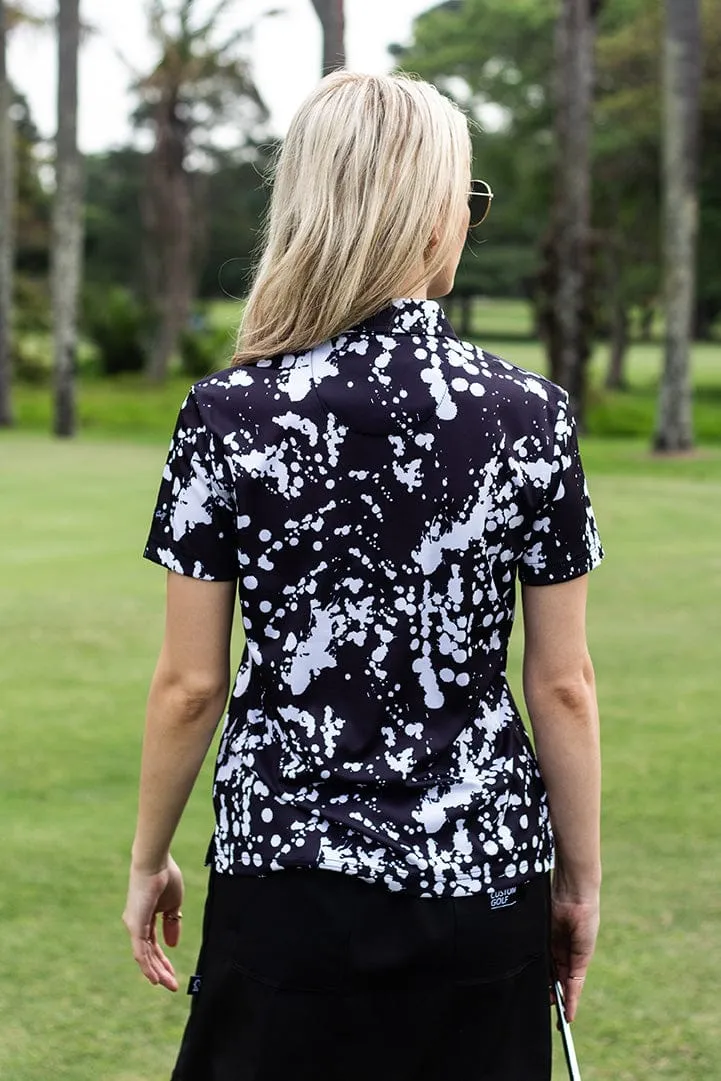 CA Ladies Funky Golf Shirt | Black & White Paint Splatter