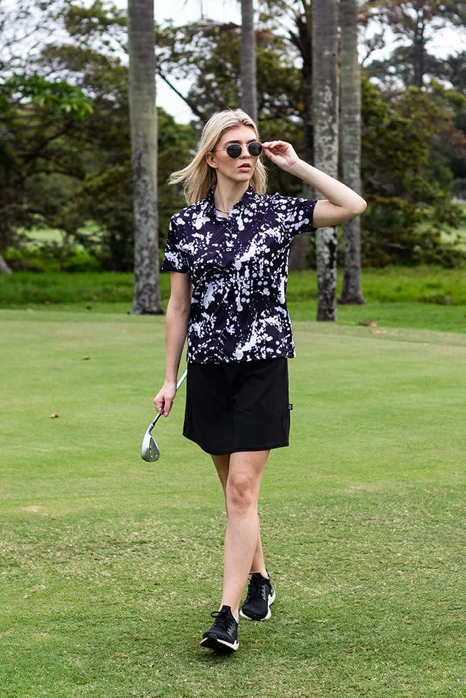 CA Ladies Funky Golf Shirt | Black & White Paint Splatter