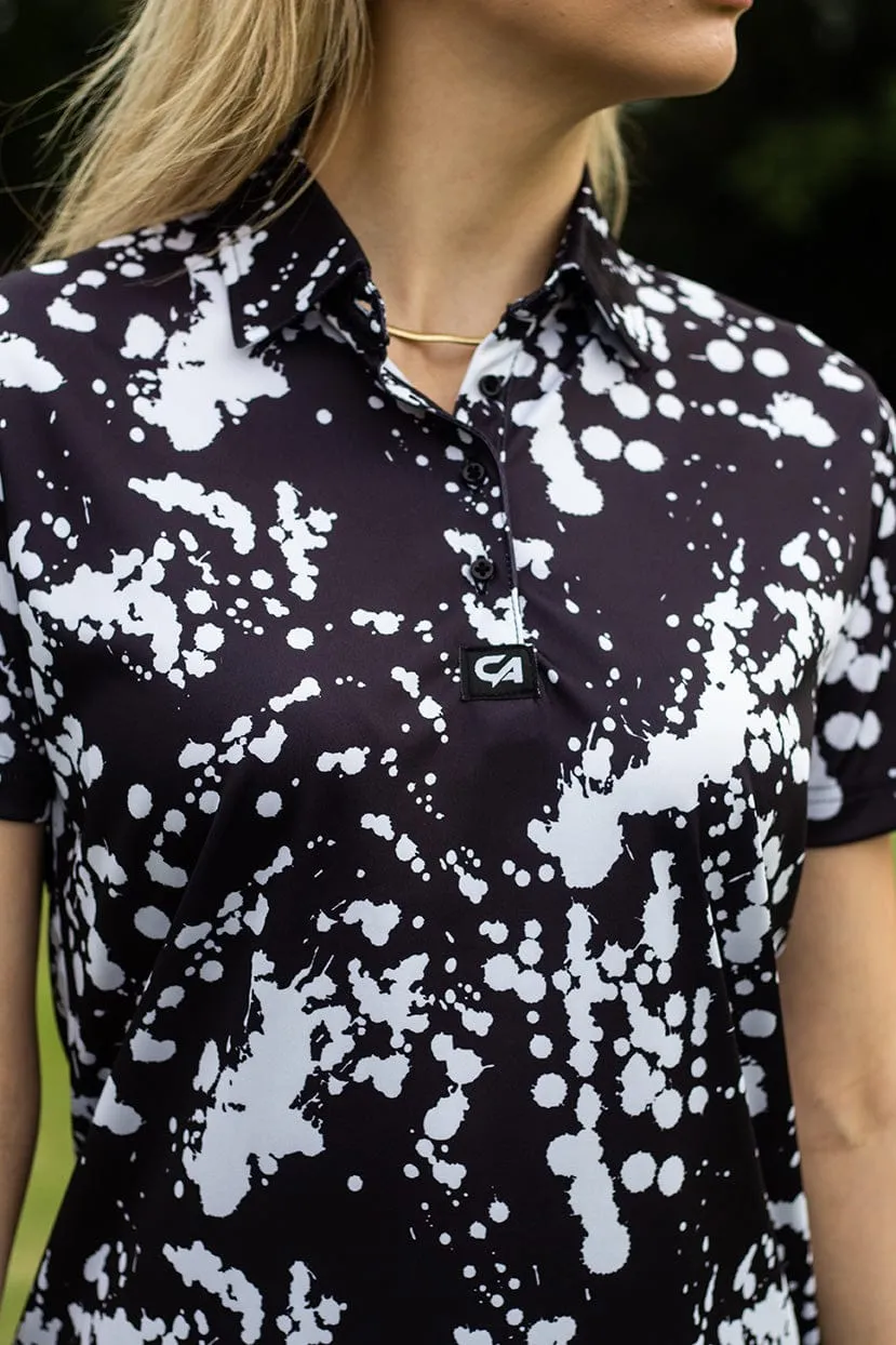 CA Ladies Funky Golf Shirt | Black & White Paint Splatter