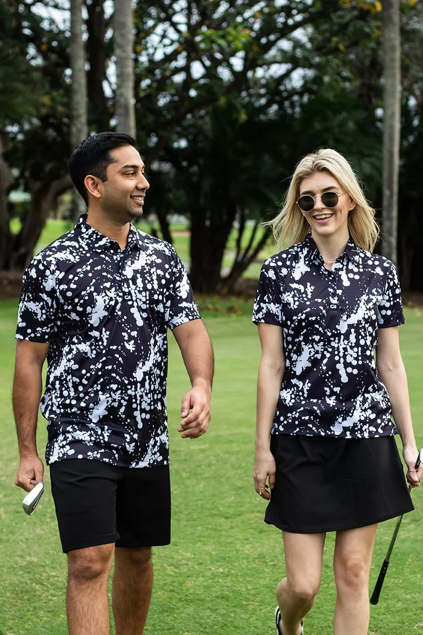 CA Ladies Funky Golf Shirt | Black & White Paint Splatter