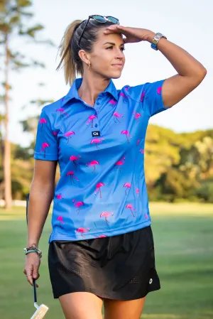 CA Ladies Funky Golf Shirt | Blue-Dotted Flamingo