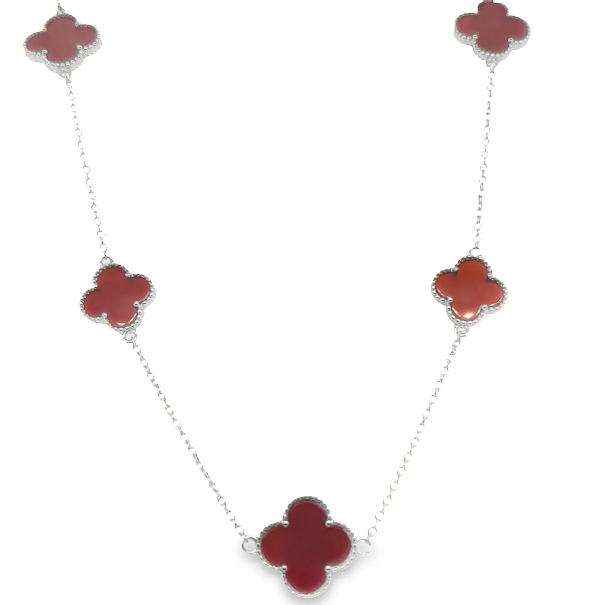 CA174 Red Clover Flower Necklace 7 Garnet Clovers