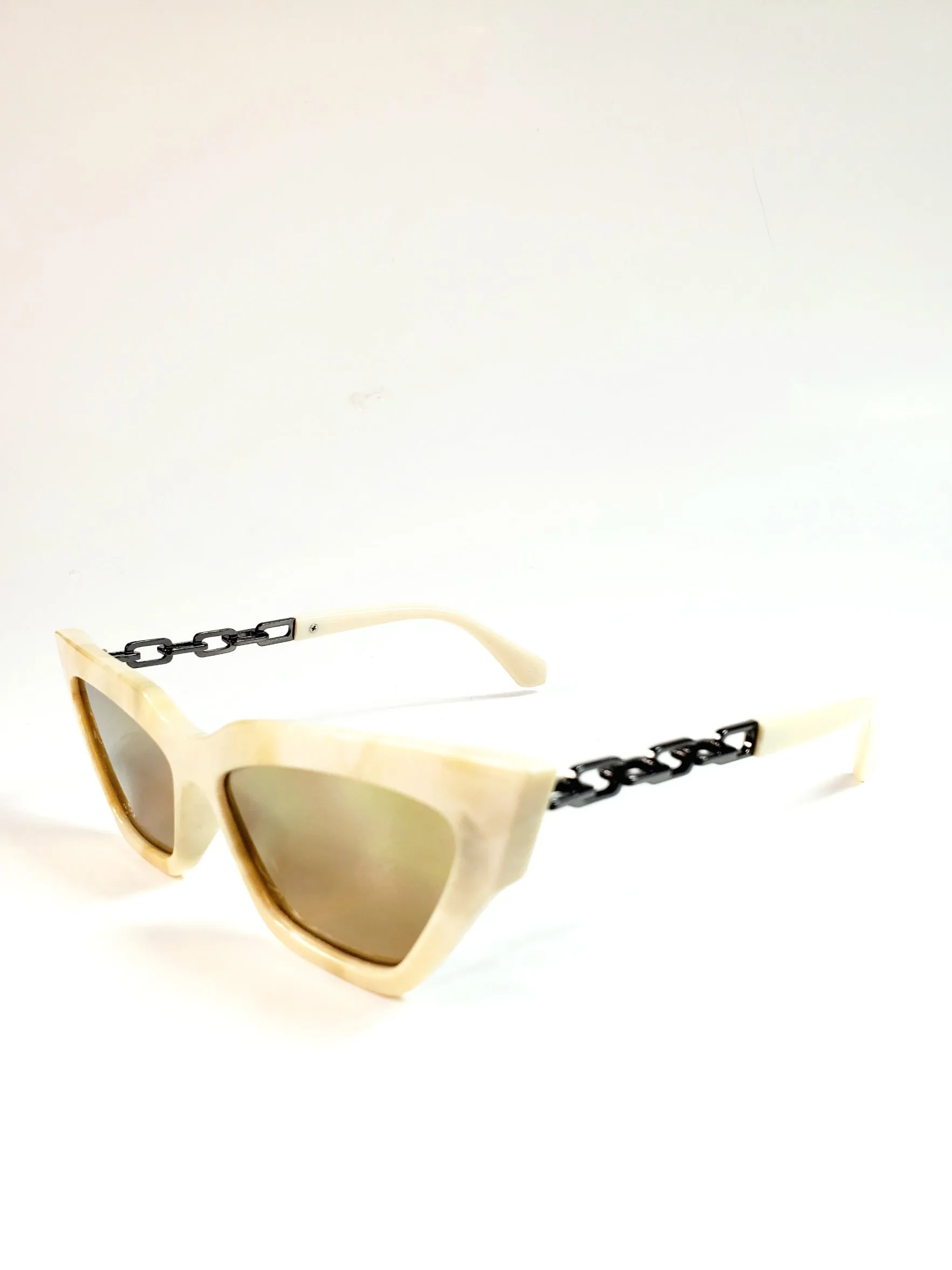 Cable Chain Arm Cat-Eye Sunglasses - Cream Marble