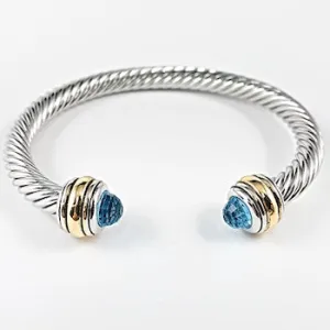 Cable wire aquamarine cz duo ends brass cuff bangle