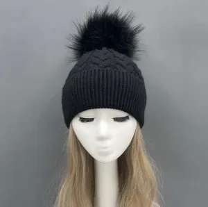 Cableknit Cashmere/Angora Faux Fur Bobble Hat