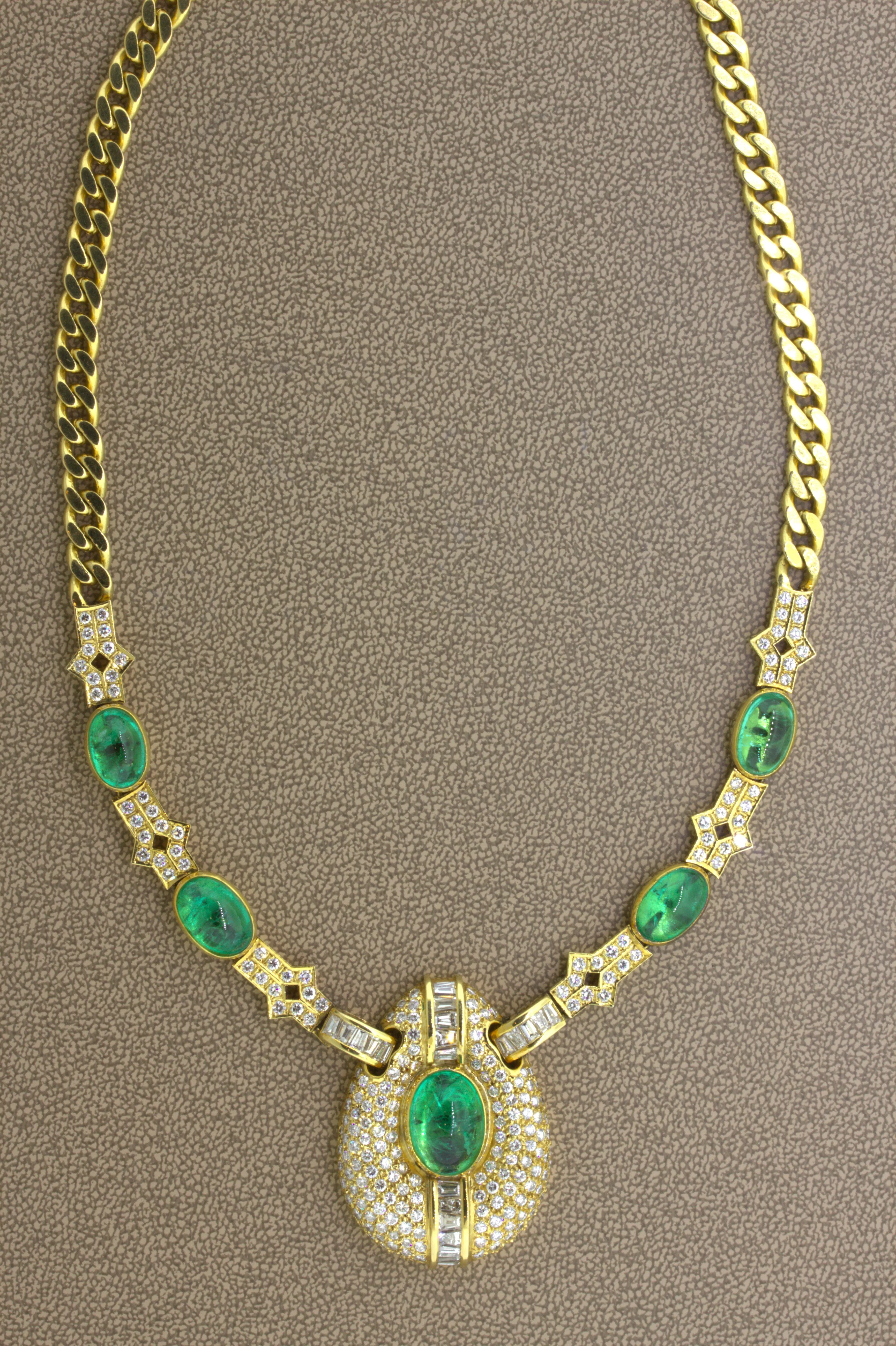 Cabochon Emerald Diamond 18k Yellow Gold Necklace