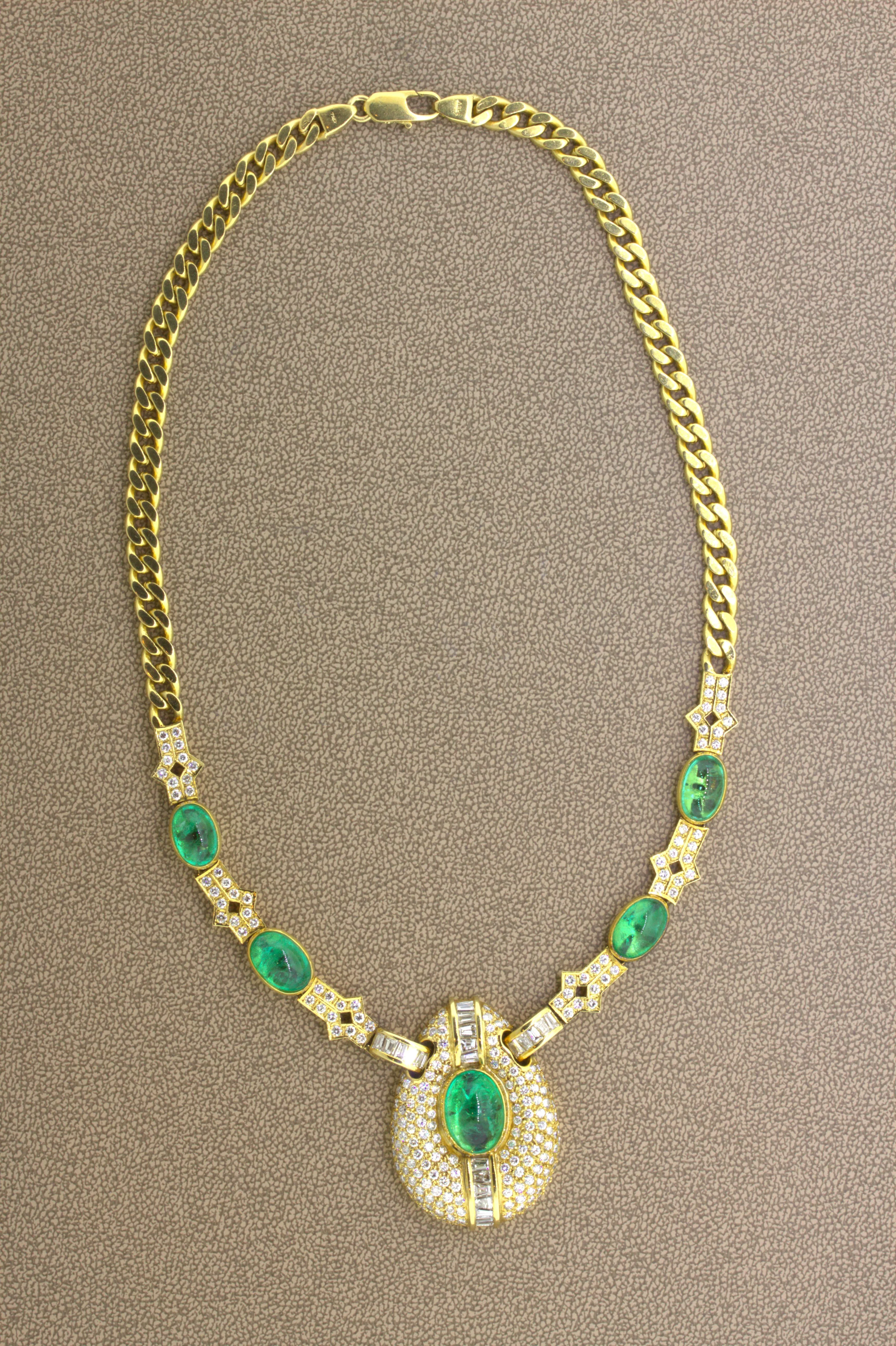 Cabochon Emerald Diamond 18k Yellow Gold Necklace